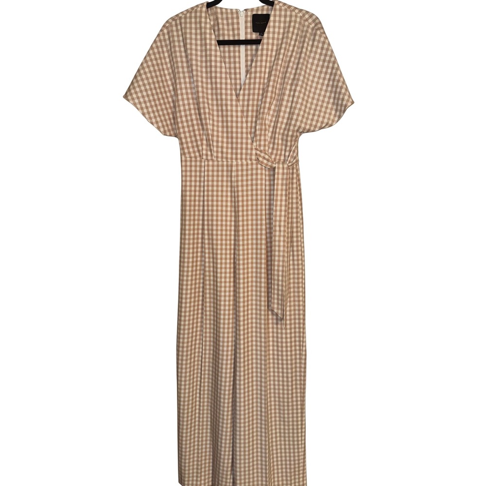 Alex Marie Gingham Jumpsuit Size 4 Brown Beige Wide Leg Tie Waist V Neck